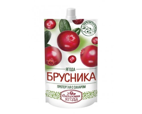 Протертая брусника на сахаре Сибирская ягода дой-пак 280гр
