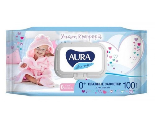 Aura влажные салфетки для детей Ультра Комфорт с алоэ и витамином E с клапаном 100шт