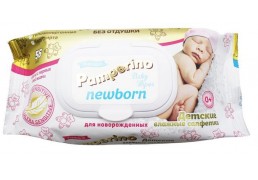 Салфетки влажные детские без отдушек с пластиковым клапаном Памперино Newborn 56шт
