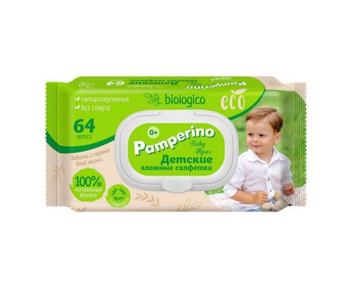 Салфетки влажные детские Памперино Eco Biologico с пластиковым клапаном 64шт